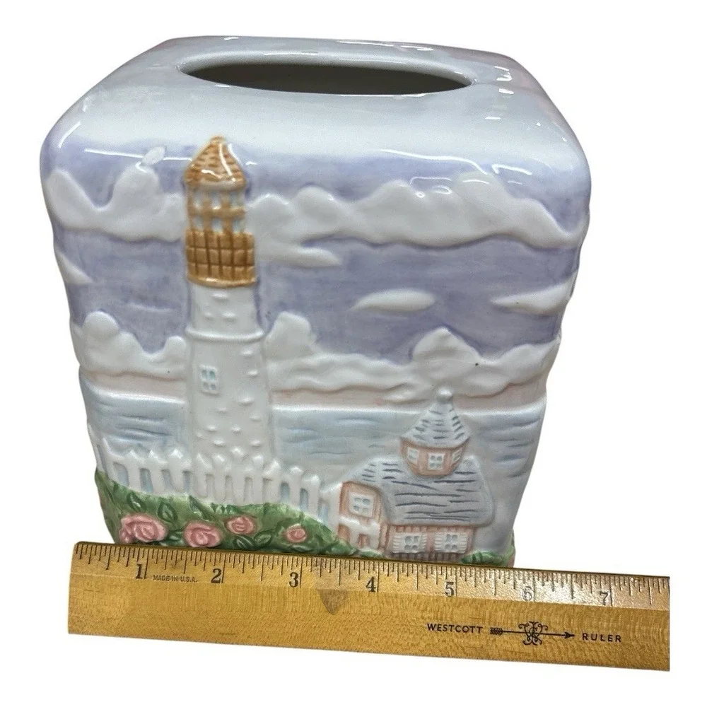 Vintage 1980s Handpainted Ceramic Tissue Box Cover Lighthouse Nautical Cottage